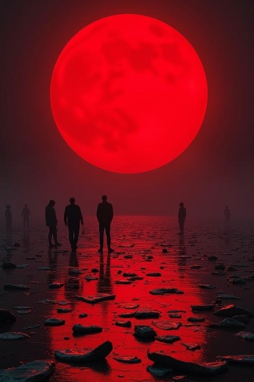 Red moon dominates the scene with a floor covered in broken glass and tiny shadowy figures standing on the surface.