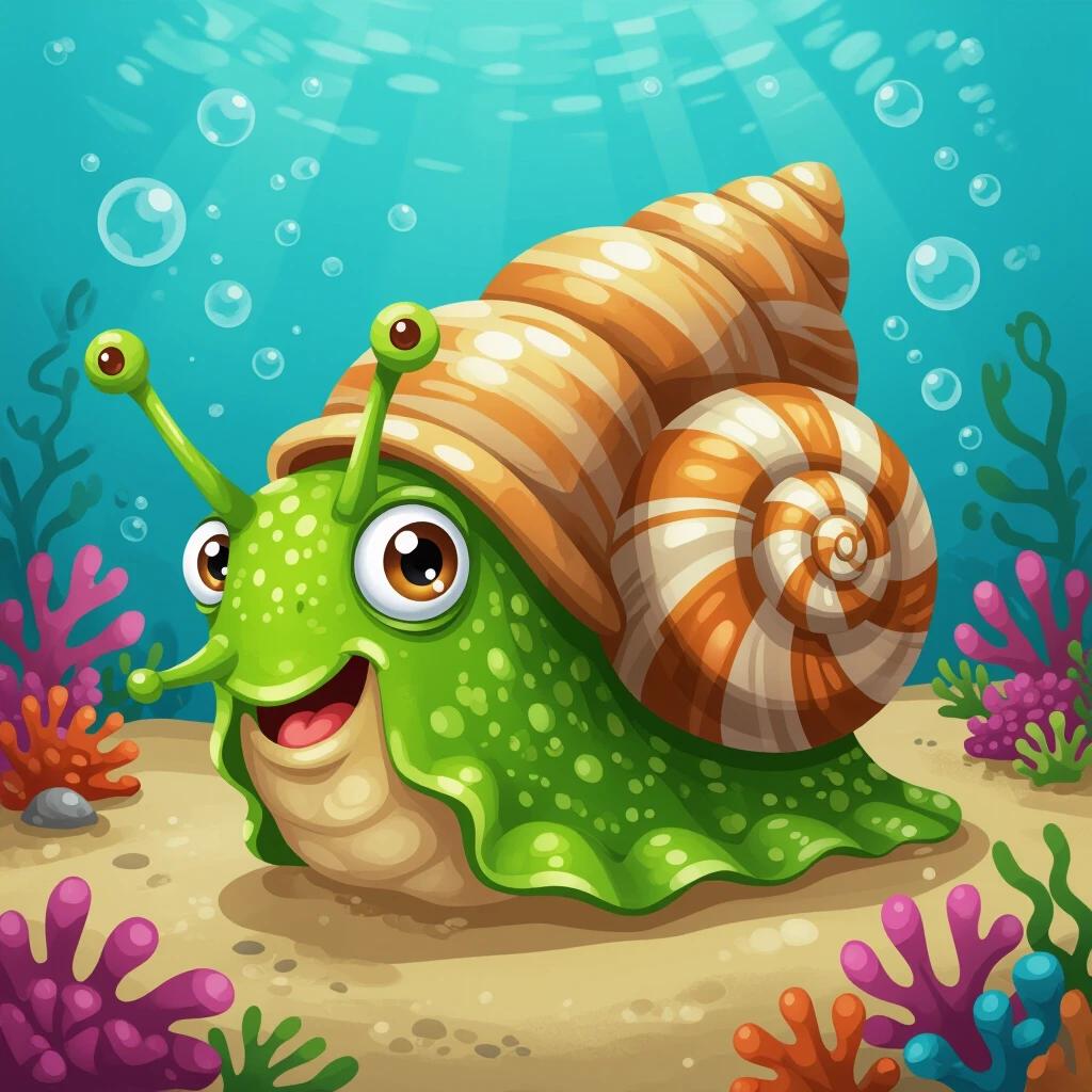 Cartoon depiction of a friendly snail with a colorful shell underwater. Bright ocean setting with bubbles and coral in the background. Designed in a whimsical style.