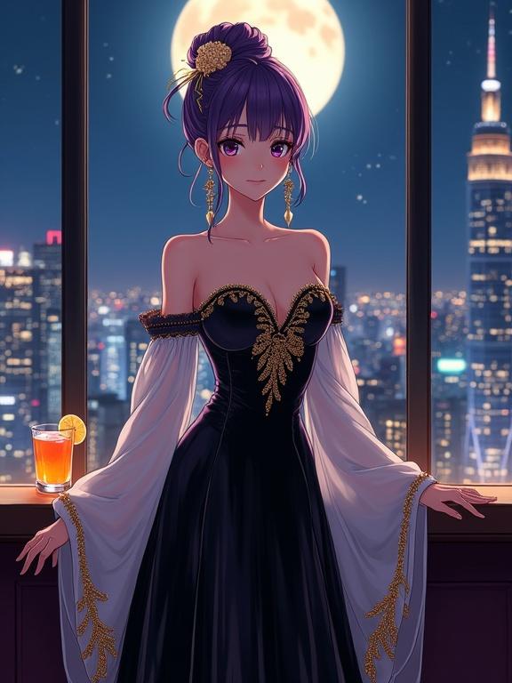 An elegant woman stands gracefully in front of a large floor-to-ceiling window inside an upscale lounge. She wears a luxurious off-the-shoulder black gown with golden floral embroidery. Her violet hair is styled in an elaborate updo with gold kanzashi ornaments. Long earrings shimmer under the lighting. A vibrant orange cocktail is on the counter. Behind her, a breathtaking city skyline is visible with a full moon in the background. The image has a semi-anime aesthetic and showcases an ultra-detailed and realistic style.