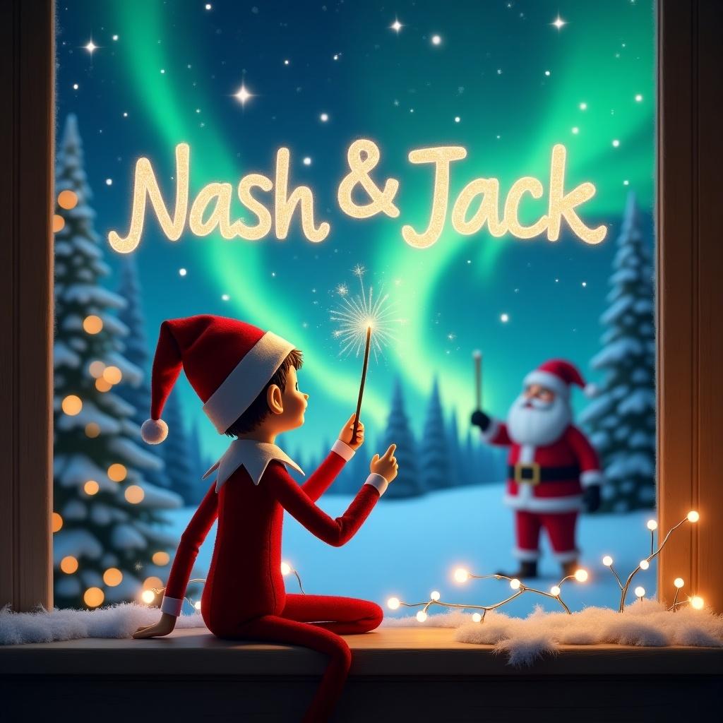 A whimsical scene featuring an elf on the shelf sitting with his back to the viewer. He is facing a beautiful night sky illuminated by the northern lights. The elf holds a glowing wand, writing 'Nash & Jack' in sparkling letters. In the background, Santa can be seen in a winter landscape filled with snow-covered trees. The overall ambiance is magical and festive, perfect for the holiday season. String lights adorn the window sill, adding to the cozy feel of the scene.