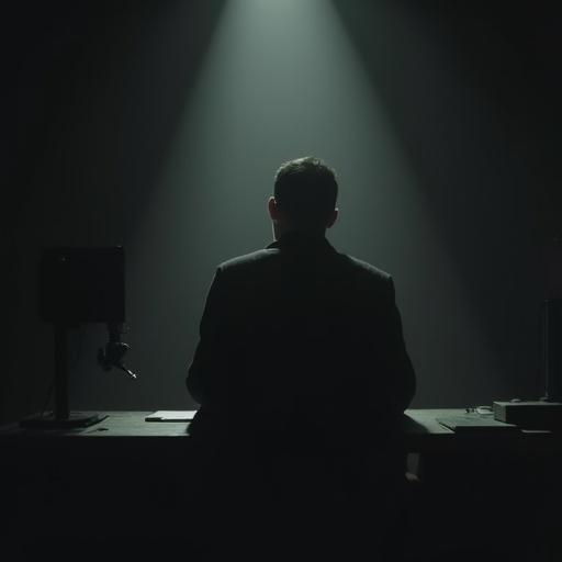 Eerie analog horror symbol. Reporter silhouette at a desk against darkness. Style is minimal and unsettling.