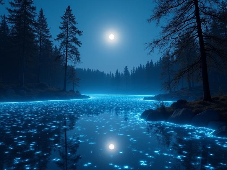 Digital art of a silver bioluminescent lake at night surrounded by tall autumn trees. Bright and vibrant bioluminescent water under moonlight.