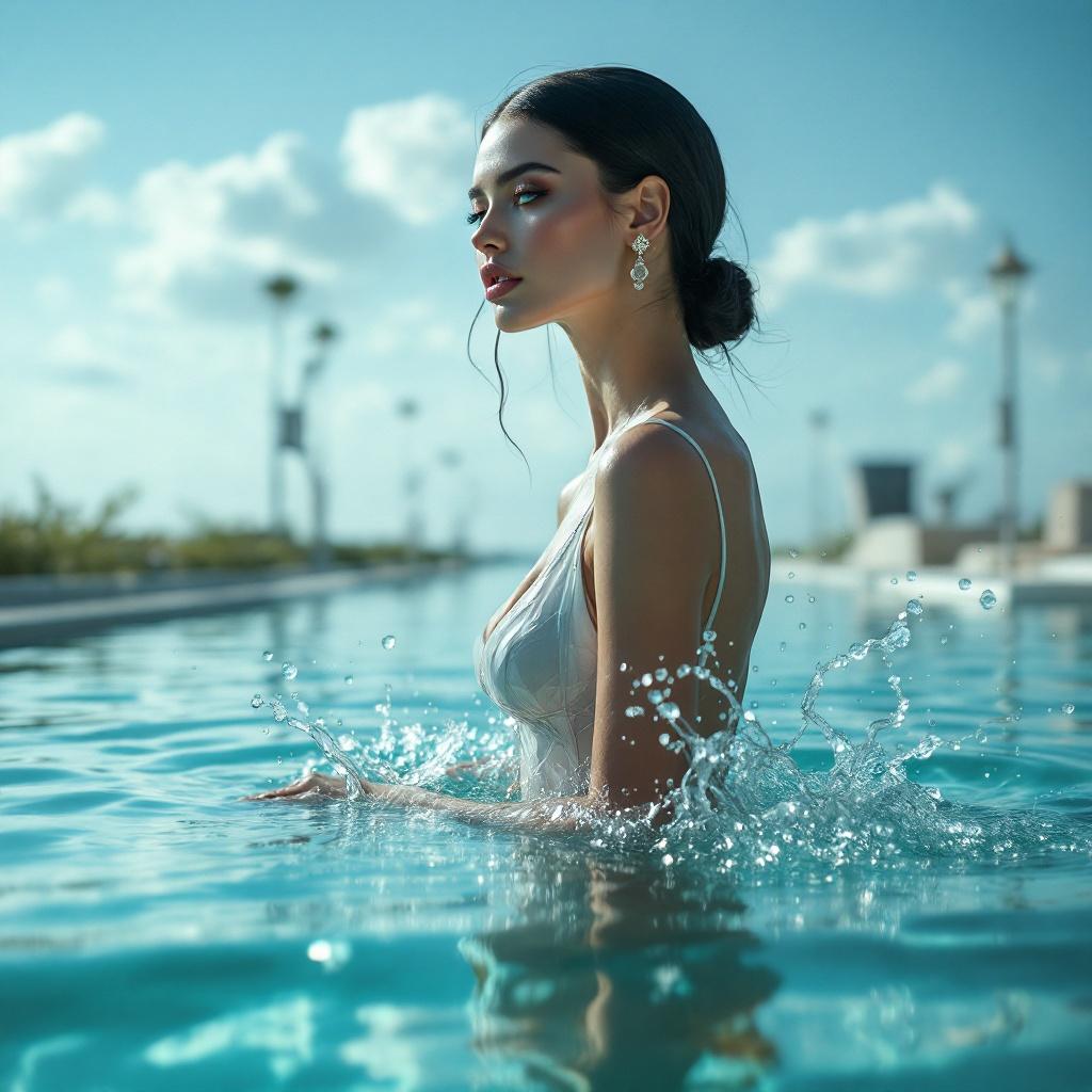 Fashion editorial with model in clear water. Model in elegant outfit showcasing beauty and glam. Setting appears luxurious and upscale. Natural light enhances the scene. High focus and detail. Composition follows the rule of thirds.