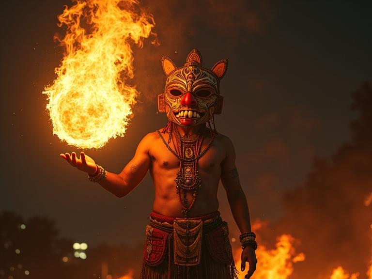 Dramatic artwork depicting a masked figure performing a fiery ritual under the night sky. Intense scene with cultural richness. Central figure has an elaborately crafted mask with sharp teeth and red nose. Detailed patterned attire adds visual depth. Outstretched hand holds a glowing fireball with vivid colors. Lighting emphasizes highlights and shadows, creating drama. Dark minimal background enhances the fiery intensity. Dominant tones of orange and yellow contrast with deep blacks. Emotional tone conveys power and reverence, with the figure focused and transcendent.