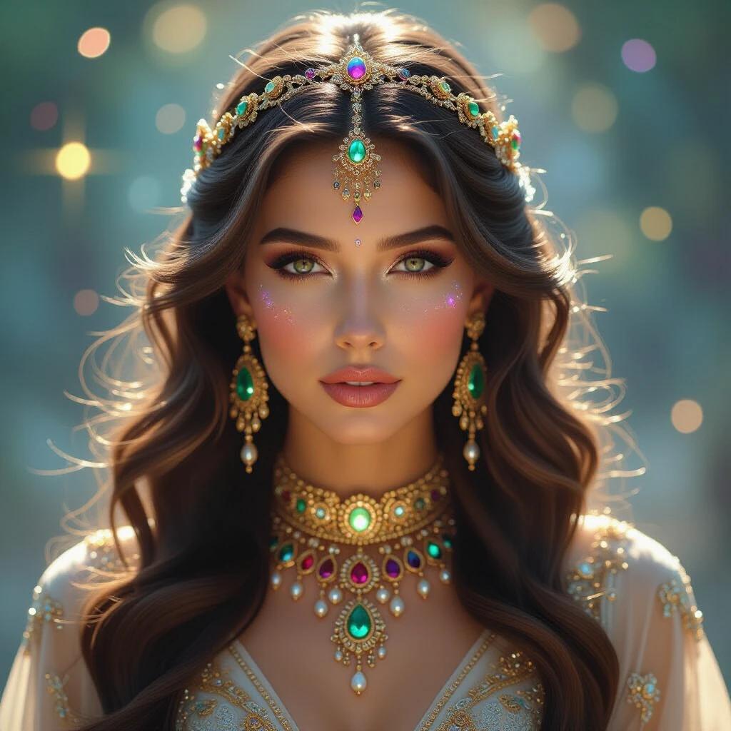 Figure radiates ethereal beauty. Shimmering hair cascades over shoulders. Gold headpiece with vibrant gems adorns her. Captivating gaze draws viewers. Soft glow of cosmic patterns across skin and attire. Clad in ornate, jewel-toned garment. Surrounded by celestial backdrop filled with stars and colors. Composition creates mesmerizing aura. Blends fantasy with glamour. Evokes wonder and enchantment.