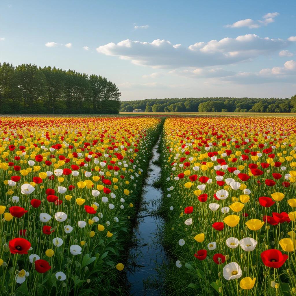 A vast field filled with vibrant flowers in red, yellow, and white colors. Trees stand tall in the background. A small stream flows gently through the middle of the flower field.