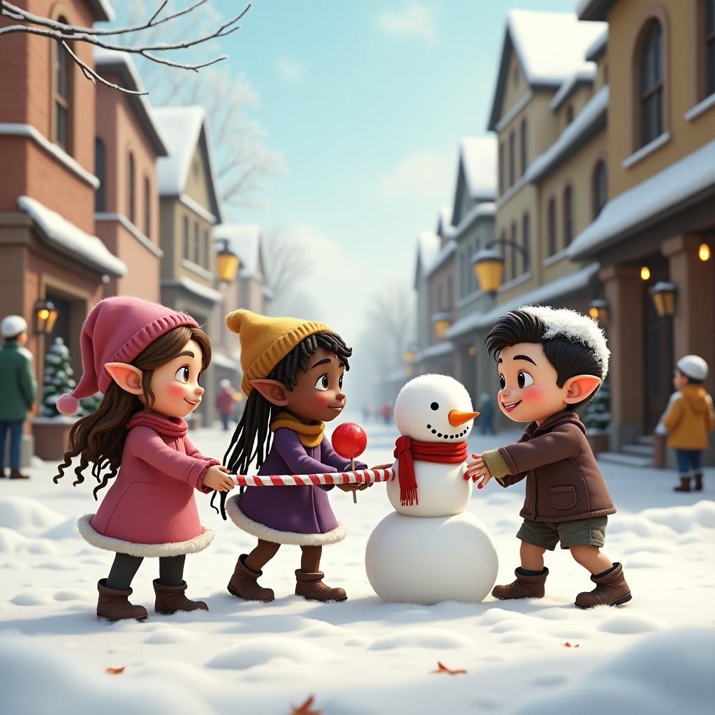 A group of cute elves with pointed ears play in a snowy Town Square. One girl with long brown hair wears pink and carries a lollipop. Another girl has chocolate skin, long dreadlocks, and is in purple. A pale-skinned boy elf with short hair engages in tug of war with a candy cane. A chubby boy elf with black and white hair builds a snowman.