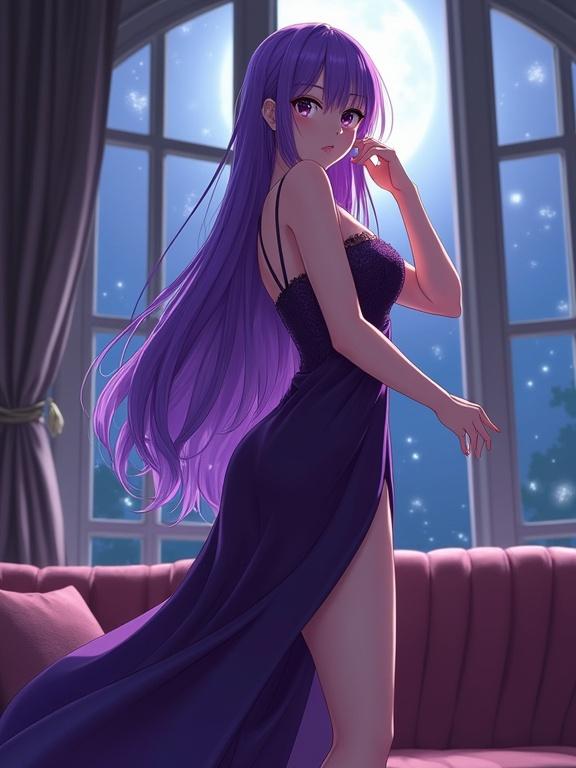 A beautiful anime-style woman with long bright purple hair and striking violet eyes. She stands in a luxurious lounge with a large window letting in moonlight. Her outfit is a deep violet silk dress with lace and a high slit, revealing one leg. She poses gracefully, one hand on her hip, the other touching her hair, looking confident and alluring. The room is softly lit, creating a romantic atmosphere. High-quality anime art.