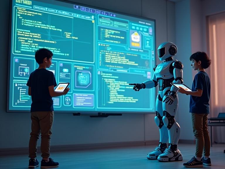 A young boy and girl interact with a humanoid robot in a futuristic classroom. Students program the robot using tablets and a smartboard displaying code. The setting has neon blue and glowing green colors. No windows in the classroom. Students wear dark blue shirts and brown pants. Robot is unique and child-friendly. Hyper-realistic digital painting style with cinematic lighting.
