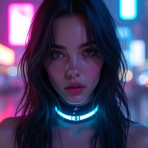 A young woman with long dark hair and hazel eyes stares intensely. She has porcelain skin and soft lips. A black choker glows neon. Cyberpunk lighting creates vibrant blues and purples. Background shows a futuristic city with neon signs. Rain-streaked reflections add atmosphere. Ultra-realistic style by WLOP and Irakli Nadar, created in Unreal Engine 5.