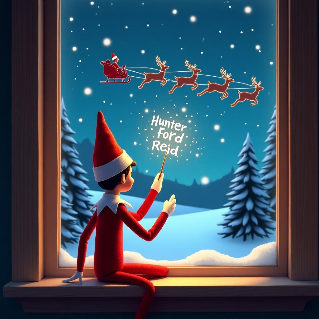 An enchanting scene featuring an Elf on the Shelf sitting by a window, facing away from the viewer. The elf is joyfully using a wand to create sparkles in the night sky. The names Hunter, Ford, and Reid are being written in the sky. In the background, Santa’s silhouette can be seen in a sleigh, flying with his reindeer across a snowy landscape. The warm glow from the window adds a magical touch to the winter night. Pine trees and a starry sky complete the festive atmosphere.