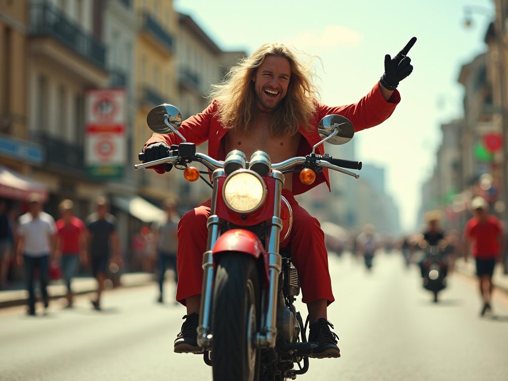 This image captures a modern-day depiction of a joyful figure on a red motorcycle. The person, with long hair, is confidently riding while performing a stunt. The sunny day enhances the vibrant atmosphere of the bustling urban environment. Surrounding them are excited people, creating a lively backdrop. The scene conveys a sense of freedom and exhilaration, making it an ideal representation of urban adventure.