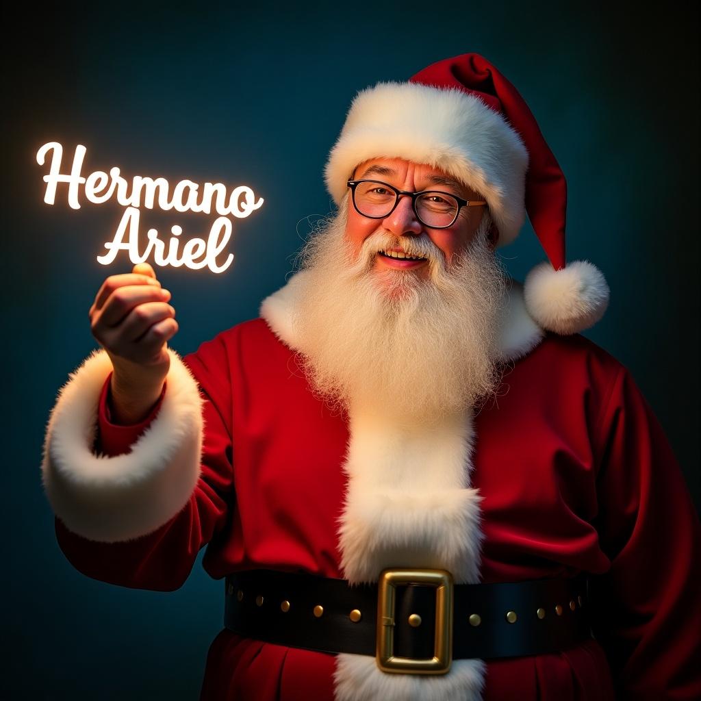 Image features Santa Claus in traditional red and white suit. Santa holds a glow stick forming the name 'Hermano Ariel'. Jolly expression reflects warmth. Glowing text creates a festive atmosphere. Scene captures Christmas magic and seasonal joy.