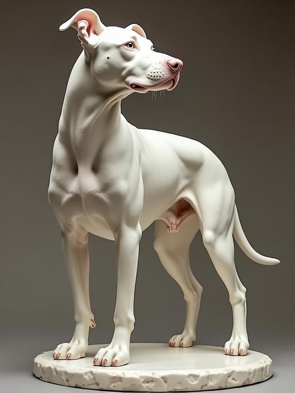 A full body sculpture of a muscular dog displayed on a pedestal. The dog has white fur. The artistic style is modern with realistic features. The pose is confident and proud.