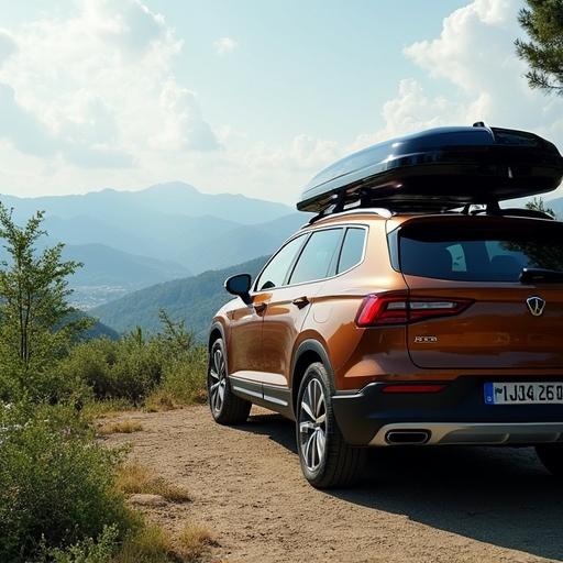 Wide shot photograph of a car with a roof box parked at a picturesque viewpoint in a serene holiday location