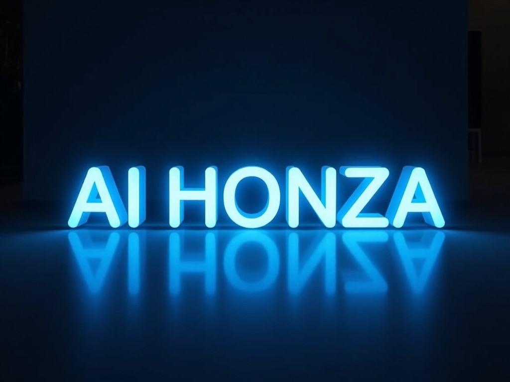 This image showcases the glowing text 'AI HONZA' represented in a translucent blue color. The letters are illuminated from within, creating a neon-like effect that stands out. The text appears to float above a surface, with a soft reflection visible underneath. This design conveys a modern and tech-savvy aesthetic, suitable for branding or promotional purposes. The combination of the light blue hue and the glowing effect makes it visually appealing and eye-catching. The image can be used for digital marketing, advertisements, or creative projects.