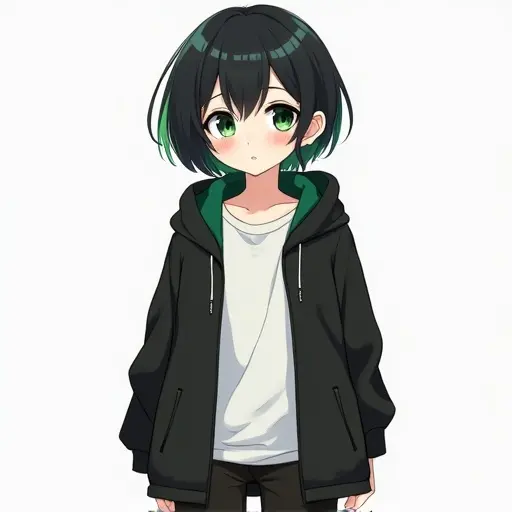 Anime character with boyish features. Short black hair with green highlights. Dark green eyes. Wearing a black hoodie and white shirt with black pants. Neutral expression.