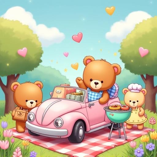 Digital illustration featuring kawaii chibi teddy bears in a summer picnic scene with a vintage car, picturesque background and cheerful elements.
