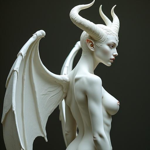 A beautiful succubus with pale porcelain skin posed with back turned. The figure has horns and wings, shown in full body shot with photorealistic detail.