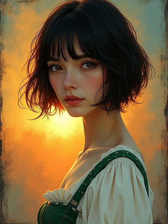 Portrait of a young woman with dark bob haircut. She has soft natural makeup and a gentle expression. Wearing a white blouse with a green corset. Warm golden sunset lighting creates an atmospheric glow. Textured painterly background with orange and blue colors. Romantic and nostalgic mood. Shallow depth of field focuses on her. Medium close-up composition. Inspired by Golden Age illustration.