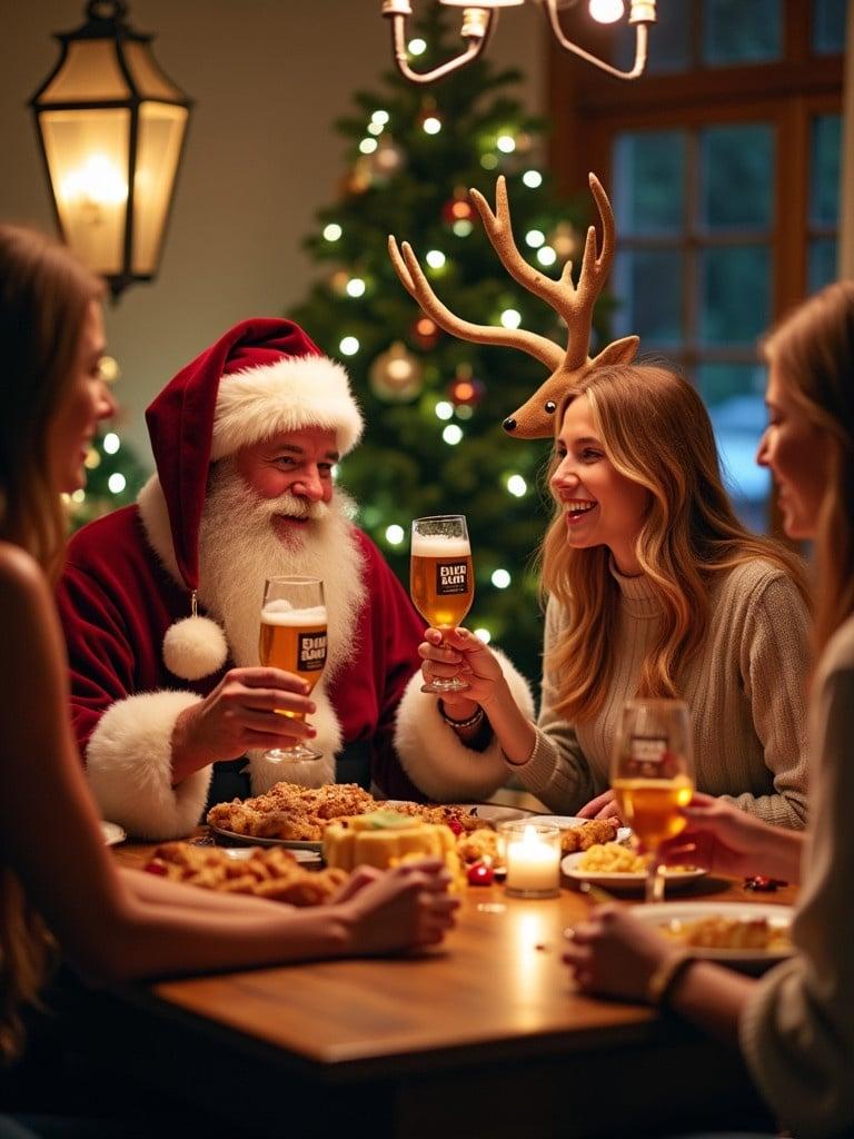 Santa Claus enjoys Christmas with beautiful women. They celebrate with Bud Light beers. The scene is filled with festive decorations. Table has food and drinks. Warm and inviting atmosphere for the holiday season.