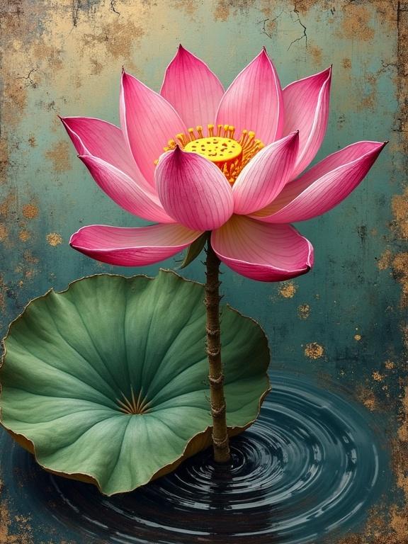 Ultra-hyperrealistic digital render of a lotus flower. Solitary bloom emerges from cracked, textured oil layers. Petals sculpted in rose, magenta, alabaster. Backdrop shows aged, mossy water with ripples. Thick pond with swirling gold and bronze tones. Gnarled stem with earthy greens and ochre. Highlights of cracked paint radiate from the flower. Reflects spiritual resilience and divine beauty.