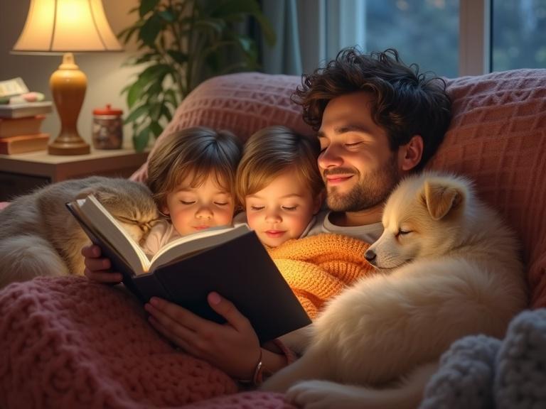 Adorable dad asleep on a cozy couch. Book open in hands. Two small children curled up on either side. Fluffy dog draped across legs. Cat snoozing on chest. Warm soft lighting from nearby lamp. Gentle smiles on kids' faces. Room filled with warmth. Knitted blanket and storybooks. Peaceful evening atmosphere. Soft textures and pastel tones.