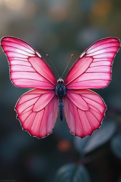 A butterfly in mid-flight captures attention. The wings display striking shades of dark pink and white. Its intricate details stand out elegantly against a softly blurred background. The scene evokes a sense of wonder and beauty.