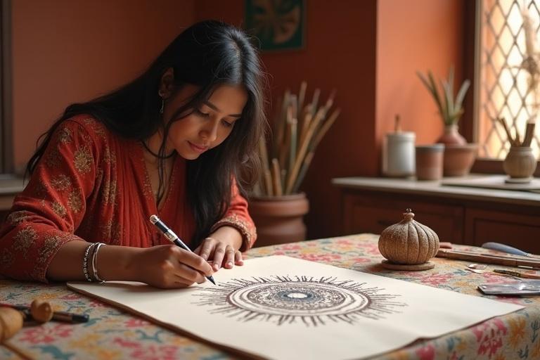 A woman sketches a clock design on paper. Surroundings include Rajasthani patterns and terracotta walls. She uses various art supplies. The scene has a warm, inviting feel. The artistic style is photorealistic.
