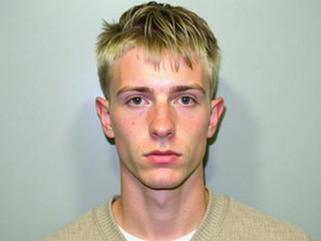 The image captures a young adult male with a light-colored short haircut. He appears to be in a mugshot setting, wearing a simple light sweater. The background is plain and neutral, typical of police station photographs. There are visible highlights in his hair, suggesting a recent bleaching. The subject's expression is neutral, and he is looking directly at the camera.