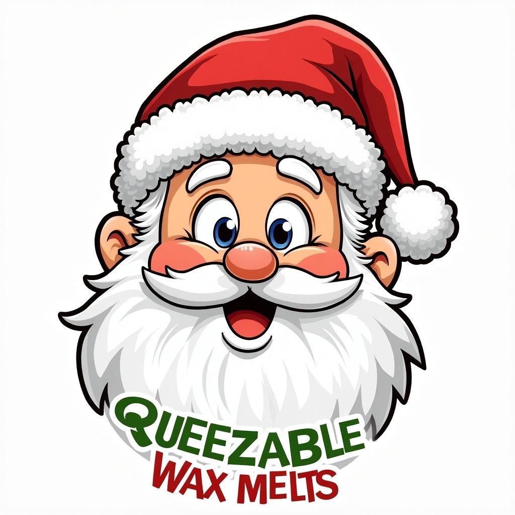 Illustration of a Santa Claus face styled like a Whoville character. Features a detailed outline. Includes text that reads 'SQUEEZABLE WAX MELTS'.