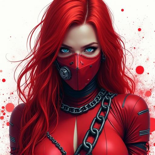 Digital artwork of a fierce female protagonist in cyberpunk style. She has long red hair and blue eyes. Wearing a form-fitting red suit and a captivating mask. Features mechanical parts. Adorned with a heavy chain. White background with red splashes. Intricate graphic style with vibrant colors.
