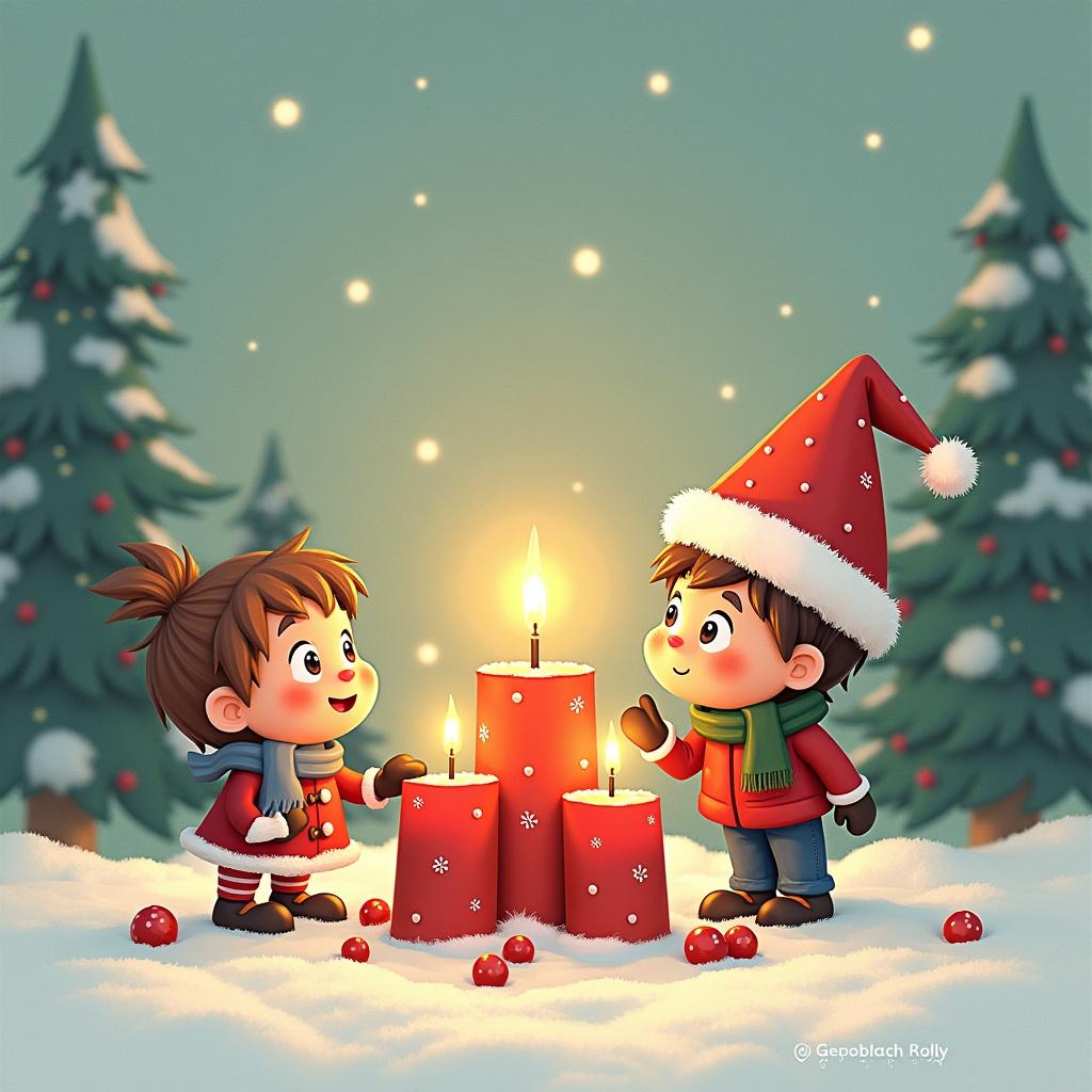 Two children celebrate Advent. They light candles. One child wears a red hat. The other child holds the candle. Snow is on the ground. Pine trees are in the background. Soft light from the candles shines warm.