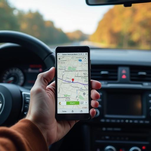 Smartphone displays navigation map held by a person in a car. Vehicle interior visible. Focus on driving directions on screen.