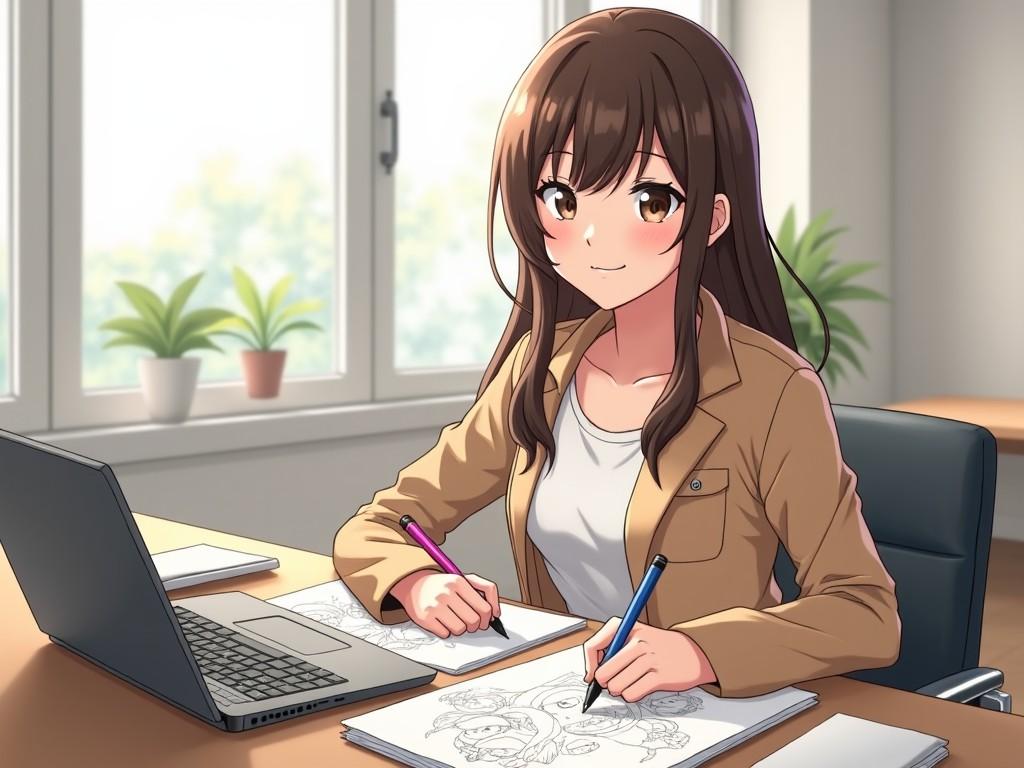 An anime-style concept of a young woman sitting at her desk in a well-lit room. She is smiling as she focuses on her drawing, holding a pen in one hand and using another for note-taking. The desk features an open laptop, sketch pads, and various office supplies. The setting resembles an art studio or office, enhanced with natural light from a large window. Her long brown hair frames her face, and she wears a light brown jacket over a white shirt.