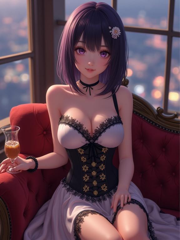 Vertical scene in cozy high-rise lounge. Anime-style woman seated on plush velvet sofa. Shoulder-length dark violet hair with flower hairpin. Dark violet eyes with friendly smile. Dressed in satin top with black floral lace. Satin skirt below knees. Dark satin corset with gold patterns at waist. Black ribbon bow around neck. Bracelet on left wrist. Right hand on sofa near glass with brown beverage. Panoramic city lights in background. Soft warm color palette. Vintage filter. 35mm lens perspective.