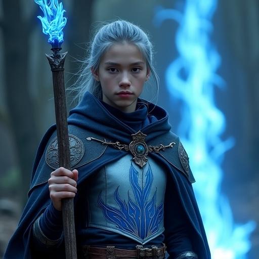 A young man has flowing hair in ash-blue and jet black tied back. He stands calmly with determined eyes. Wearing light armor called Guardia Blue with a pale silver chest plate. Robe-like garment shimmers with blue and black flame embroidery. A hooded cloak drapes over shoulders. A magical rune is on the left shoulder. Holds a tall staff named Rumble Flare with blue orbs. Ethereal blue flames swirl around the staff. The background is a dim forest or ancient ruins with a pillar of blue flames spiraling upward.