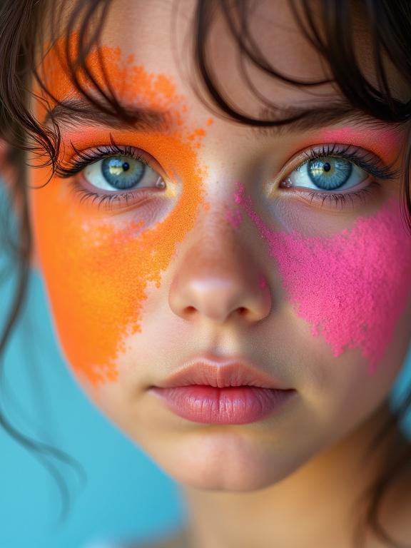 Close-up of a young girl with bright orange and pink textures on the face. Background is light blue. Girl has striking blue eyes and bold makeup.