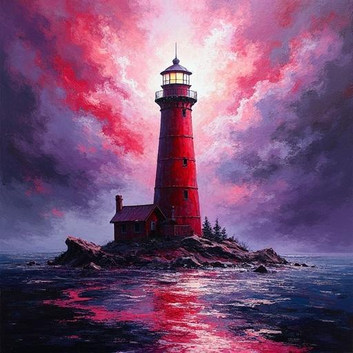 A lighthouse on an island surrounded by flowing light streams. Acrylic on canvas. Abstract expressionist style. Red lighthouse against a dramatic sky. Surreal lighting effects. Distorted forms. Fluid energy.