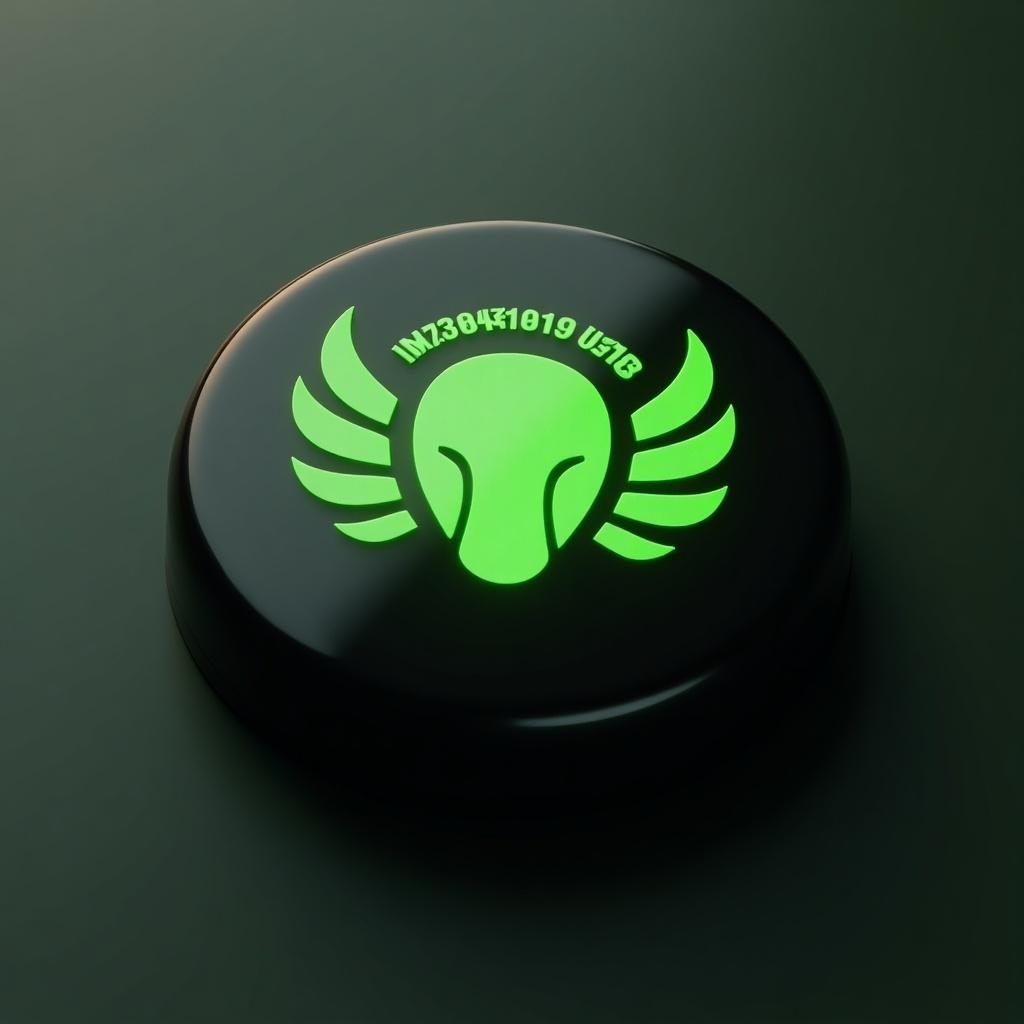 Green MONGODB logo displayed on a black button. CGI animation style with rounded face and four wings. Ray-traced radiosity effects create depth blur. Item designed for marketing and display.