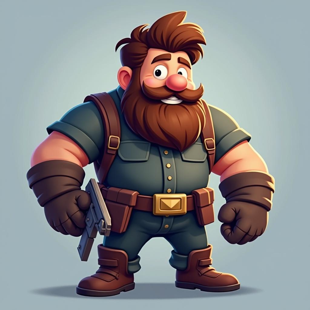 Cartoonish male character depicted as a Fortnite style. Features fluffy brown hair, a brown beard, a cheerful demeanor. Character is on the heavier side and strikes a hero pose while holding a gun.