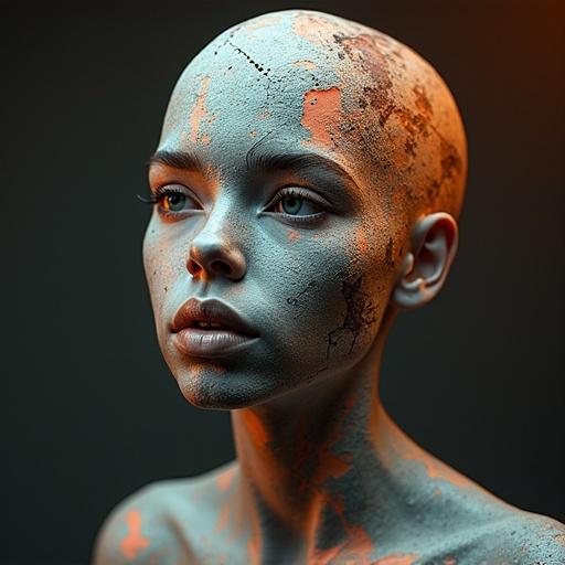 Artistic display of human figure with body paint. Unique textures and colors applied to the skin. Close-up of shoulders and upper body without facial details. Emphasis on dramatic lighting and abstract elements.