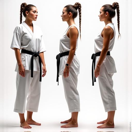 Athletic woman in karate attire poses in multiple angles. Displays a fit physique. Dressed in white outfit with a black belt. Focus on posture and karate stance. Simple background.