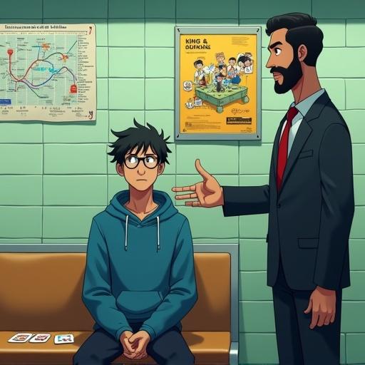 A modern subway station scene in anime style. A young man sits on a bench wearing a blue hoodie. Next to him are playing cards. Beside him stands a cartoon professional man in a suit gesturing. The backdrop features light green tiles and posters including a subway map.