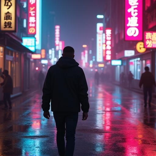 Stylized photo captures a man walking through a neon-lit city at night. Focus on the subject's silhouette amidst vibrant city lights. Incorporates heavy chromatic aberration, glitch art distortion and retro VHS vibes. Features cinematic lighting and dramatic color grading for a cyberpunk atmosphere.