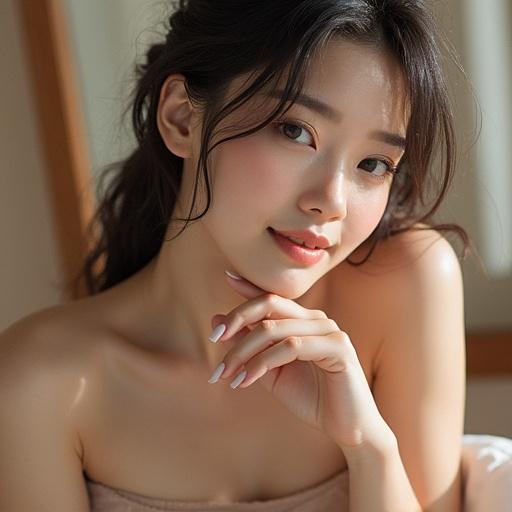A young Japanese woman wearing a swimsuit. Enjoying at the beach with bright sunlight at the shore. Image from head to knees. Very fair skin. Smiling cheerfully.