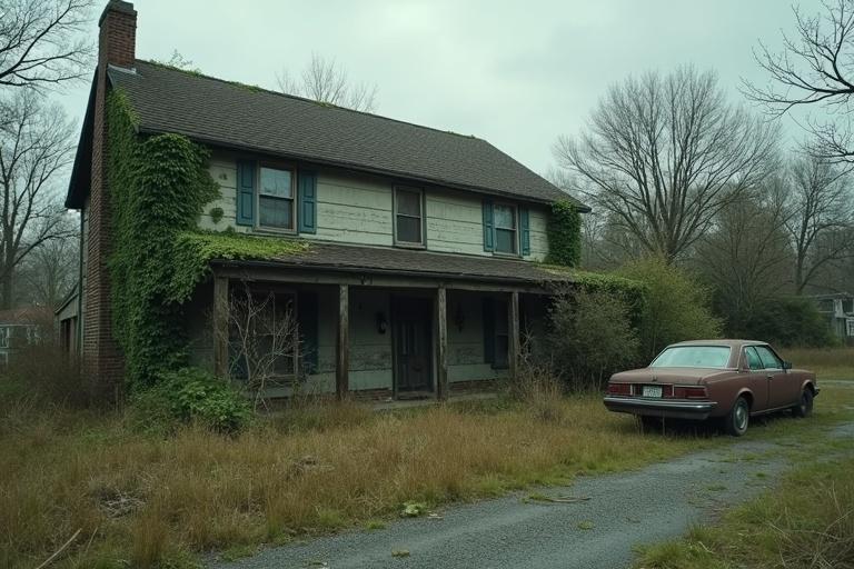 Weathered abandoned suburban house inspired by The Last of Us game. House overgrown with ivy and wild plants. Windows cracked and broken. Faded paint peeling off walls. Untended yard with tall grass and debris. Moody post-apocalyptic atmosphere. Cloudy skies with muted colors. 1970s-1980s architecture with porch. Old rusted car in driveway.