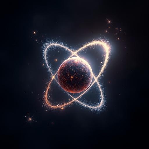 Image of an atom showing electrons in their orbits. Central sphere represents nucleus. Glowing orb surrounds atom. Stars and sparkles added for depth.