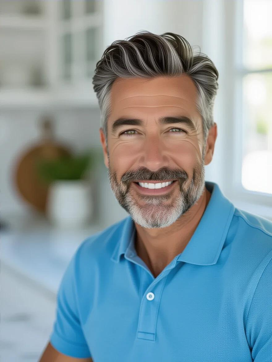 Close-up image of a middle-aged man with stylish gray hair and a trimmed beard. He has a friendly expression. Wearing a sky-blue polo shirt. Bright kitchen background with natural light and marble countertops. Soft lighting emphasizes his features.