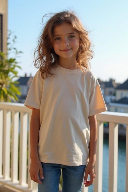 A young girl stands on a balcony. She is wearing a large natural-colored T-shirt. She has blue jeans and sneakers. She has curly brown hair. The background features a sunny harbor in Normandy. The atmosphere is peaceful and quiet.